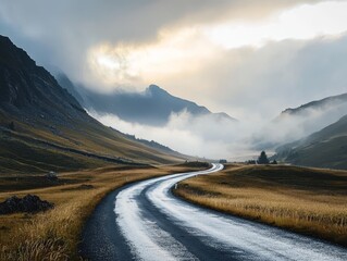 Misty Mountain Road Winding Asphalt Through Foggy Valley