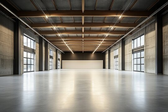 Vast Industrial Space Concrete, Wood Beams, Polished Floor