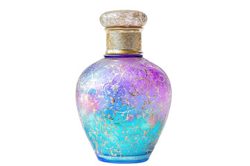 A vibrant, pearlescent glass bottle with a gold-accented cap, showcasing a gradient of purple, pink, and blue hues, adorned with intricate gold detailing