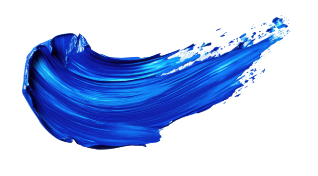 An abstract image of a vibrant blue paint stroke, dynamically curved and textured, set against a stark black background.  