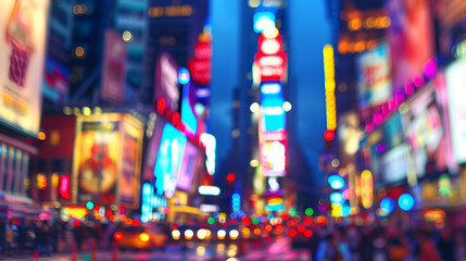 A vibrant and blurred view of times square at night with bright lights and bustling city activity