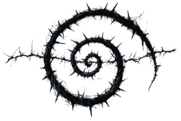 A dark, intricate design resembling a thorny spiral, radiating outward from a central point with jagged edges and a textured, almost organic appearance