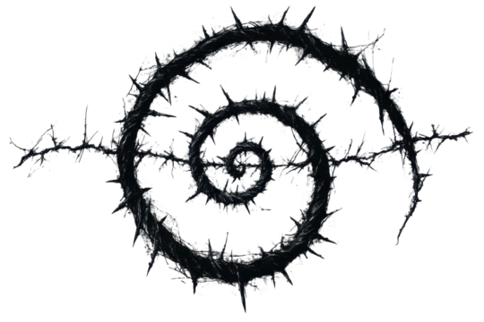 A dark, intricate design resembling a thorny spiral, radiating outward from a central point with jagged edges and a textured, almost organic appearance
