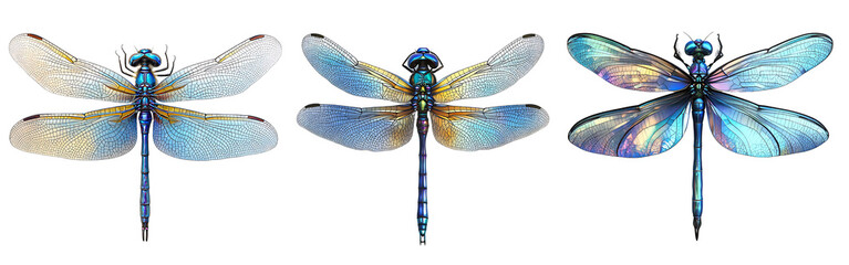 Collection of majestic blue dragonflies with veined wings isolated on a white or transparent background.