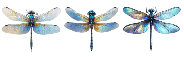 Collection of majestic blue dragonflies with veined wings isolated on a white or transparent background.