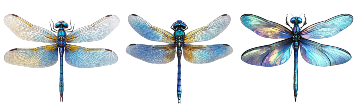 Collection of majestic blue dragonflies with veined wings isolated on a white or transparent background. - Powered by Adobe