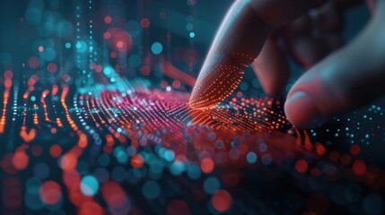 Biometric Identification: A hand outlines a digital fingerprint, glowing with data points, symbolizing the cutting-edge method of verifying identity through biometrics.
