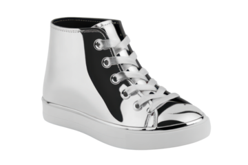 High-top sneaker with mirrored silver and black leather, showcasing a classic design with white laces and a thick sole