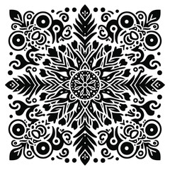 Black and white abstract floral ornament with seamless vintage mandala pattern and decorative swirls