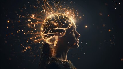 Obraz premium Mindful Illumination: A brain silhouette glowing with soft light represents mental clarity and well-being, cultivated through mindful thought and introspection. 