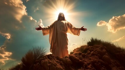 A sun lit silhouette of Jesus Christ with a shining sun halo amongst a mountain landscape background, beautiful blue sky  - Powered by Adobe