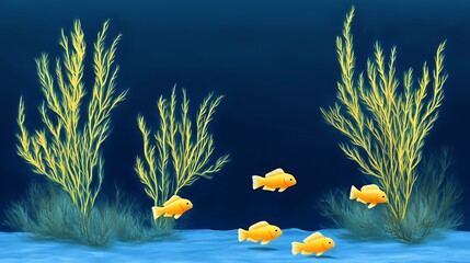 Orange fish swim in blue aquarium.