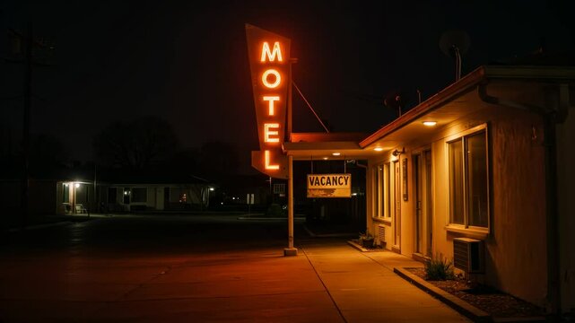 Front of a Motel building with dark street background, bright sign and board stating it has a vacancy giving an air of dread, fear and unease