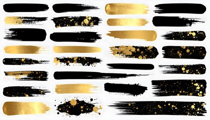 High-resolution ink stroke brushes and splatter textures isolated on transparent background, in black and gold palette &mdash; ready for Photoshop or Procreate use