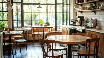 Bright kitchen with empty wooden table and four chairs