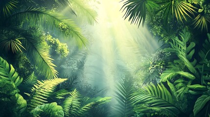 Naklejka premium Lush tropical jungle scene with sunlight filtering through the foliage.