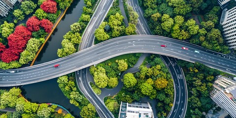 Urban arteries: An aerial view of transport infrastructure amid vibrant foliage