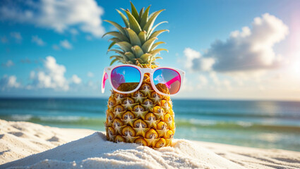 A fun pineapple on the beach wearing sunglasses, enjoying the summer sun and sand.