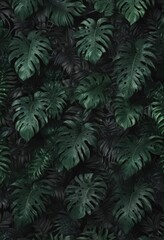 Intricate black & emerald green tropical leaves pattern , jungle, vibrant