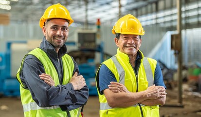 Two happy factory workers wearing hard hats and safety vests standing with arms crossed.