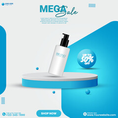 Social media cosmetics product sale advertisement poster design. Beauty product sale social media post design vector with blue color. 3D minimalistic empty studio backdrop background design template.