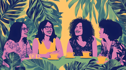 Four diverse women enjoy a casual coffee date amidst lush tropical foliage, radiating joy and friendship.