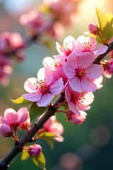 Obraz premium Close-up of vibrant spring blossoms on a tree branch, sunlight filtering through delicate petals, signifying renewal and fresh beginnings A gentle breeze rustles the leaves , park, peaceful