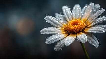 Elegant daisy in raindrops against soft bokeh background creating serene mood