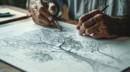 Machine Learning: Hands draw decision trees and algorithms branching like neurons, symbolizing the intricate data structures that power machine learning models.
