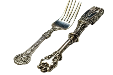 Ornate silver fork and decorative utensil rest against a black background.  Intricate detailing is visible on both pieces, showcasing a vintage aesthetic