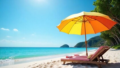 Serene scene of a colorful umbrella providing shade on a sunny day, perfect for relaxation and peaceful moments Ideal for summer, vacation, and tranquility themes , escape, leaves, leisure