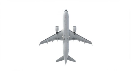 Overhead View Sleek Passenger Jet Soaring Brightly Lit Against White Sky. AI Generated