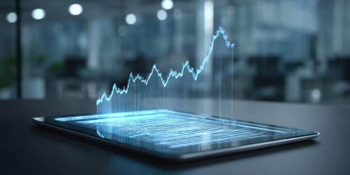 Tablet PC with digital blue finance growth chart on screen