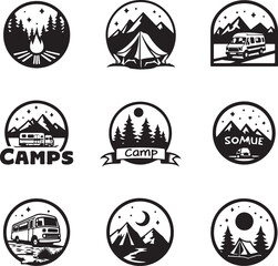 Naklejka premium Tent Under the Stars Silhouette SceneFamily Camping Trip Vector DesignCampfire Night in the Woods SilhouetteMountain View Camping Adventure ArtBackpackers Resting by the Tent Silhouette
