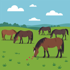 Horses Grazing in a Green Field Under a Cloudy Sky