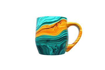 A teal and orange marbled mug with a curved handle, presented against a black background.  The marbling effect suggests flowing liquid