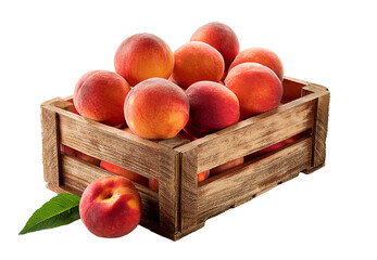 A wooden crate filled with ripe peaches, a symbol of freshness, and seasonal harvest