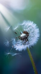 Fototapeta premium Closeup of a dandelion seed head with seeds dispersing in soft light
