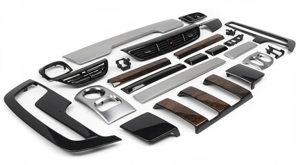 Sleek wood grain car interior trim pieces neatly arranged showcase elegant design. AI Generated