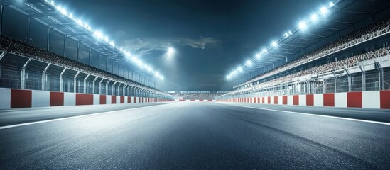 Illuminated racetrack panorama showcasing high-speed circuit and grandstand