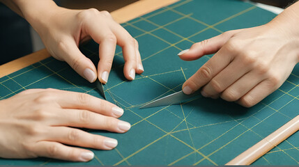 Close-up of skilled hands cutting tailor patterns in workshop