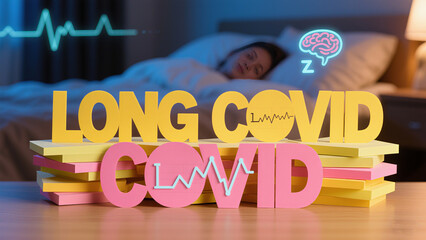 The bedside "LONG COVID" logo and patients represent the concept of highlighting the long-term impact of COVID-19 on sleep and health.