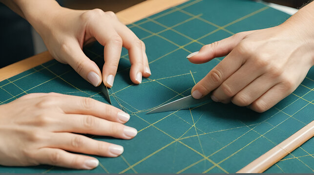 Close-up of skilled hands cutting tailor patterns in workshop