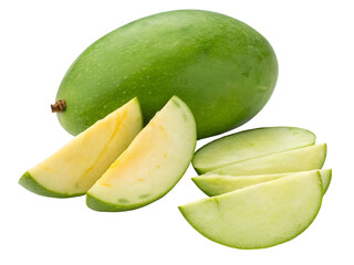 Fresh Green Mango with Slices Isolated on transparent background cutout, PNG file, Cutout file