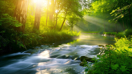 A scenic view of a river flowing through a lush green forest with sunlight streaming through trees