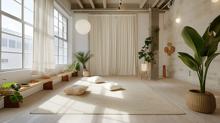 Bright studio space with large windows, plants, cushions, and a neutral color palette creating a serene vibe