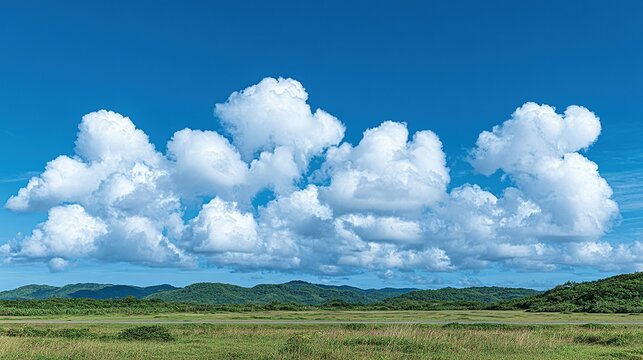 Fluffy white clouds over a grassy plain with a backdrop of rolling hills.