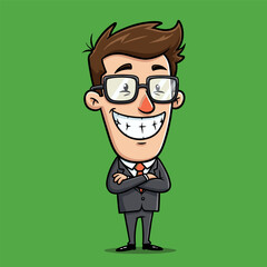 Happy businessman character in white shirt and black tie