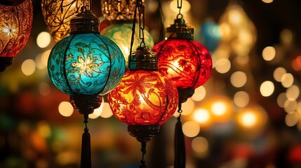 Colorful decorative hanging lanterns in a festive display.