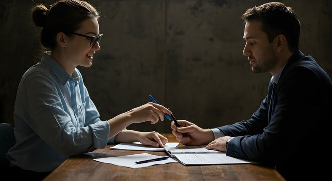 Collaborative Business Meeting Two Professionals Discussing Documents and Ideas